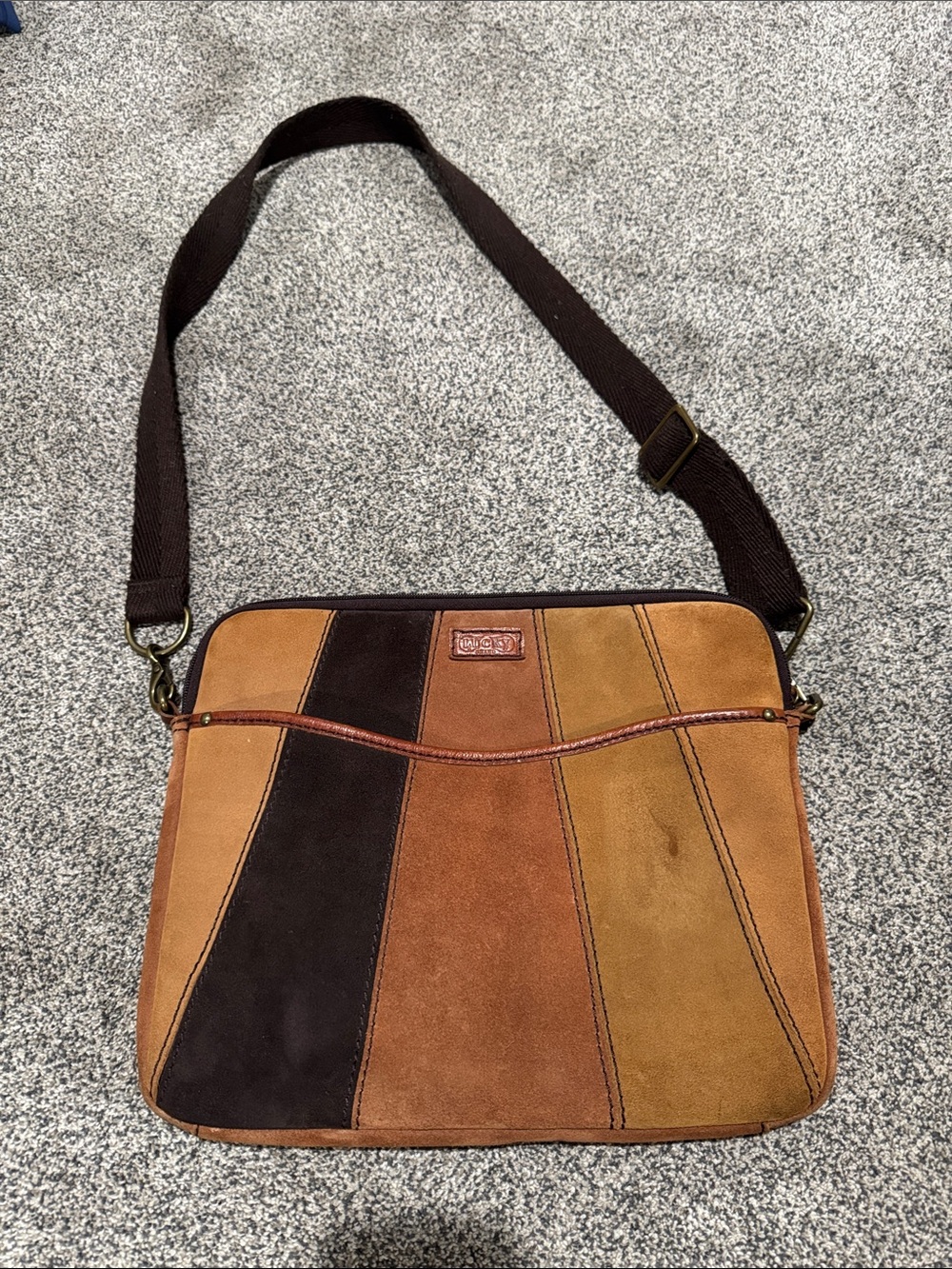 Suede Patchwork Messenger or Lap top Bag in Brown/Tan